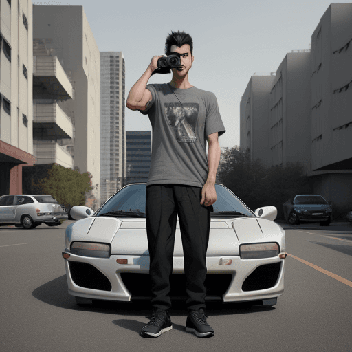 AI generated: Create a realistic photo depicting a photographer dressed in dark long pants and a gray t-shirt, hol...