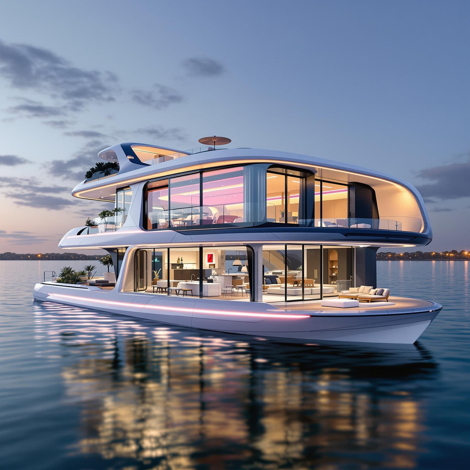 AI generated: Create a futuristic 35-foot houseboat design with large open windows showcasing a luxurious interior...