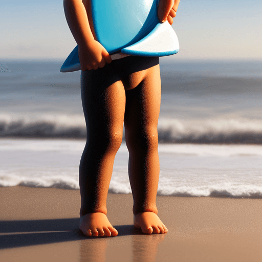 AI generated: baby wolwerin, standing, hold surfboard, beach, morning, light,close up