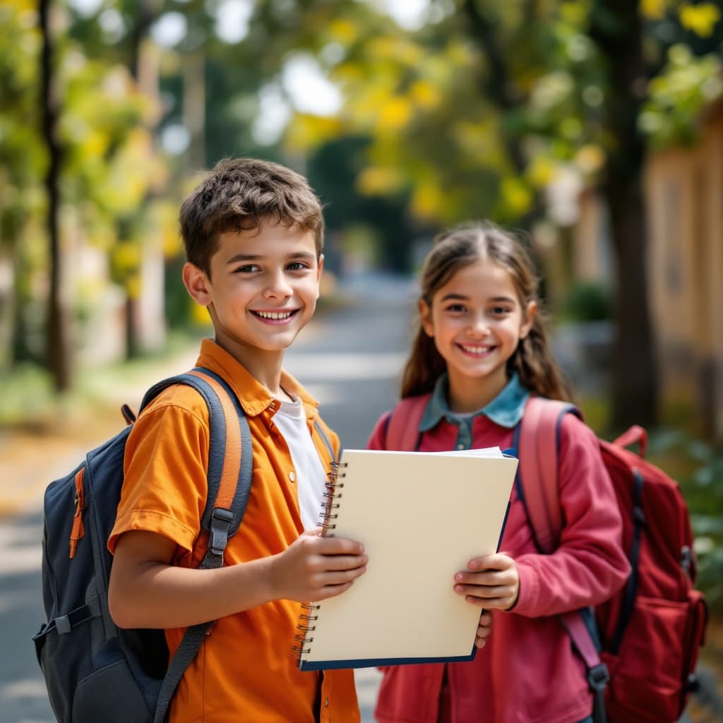 AI generated: show smiling faces of boy and girl on road going to school in bright color uniform studying in class...