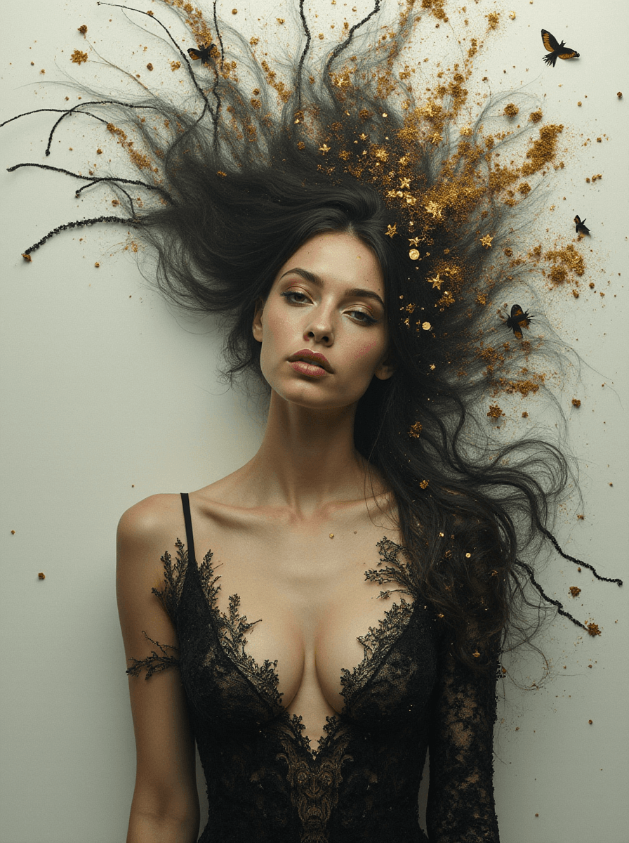 AI generated: Photoshoot of a Beautiful full body Caucasian woman in Wonder dress made of shimmer and ethereal hai...