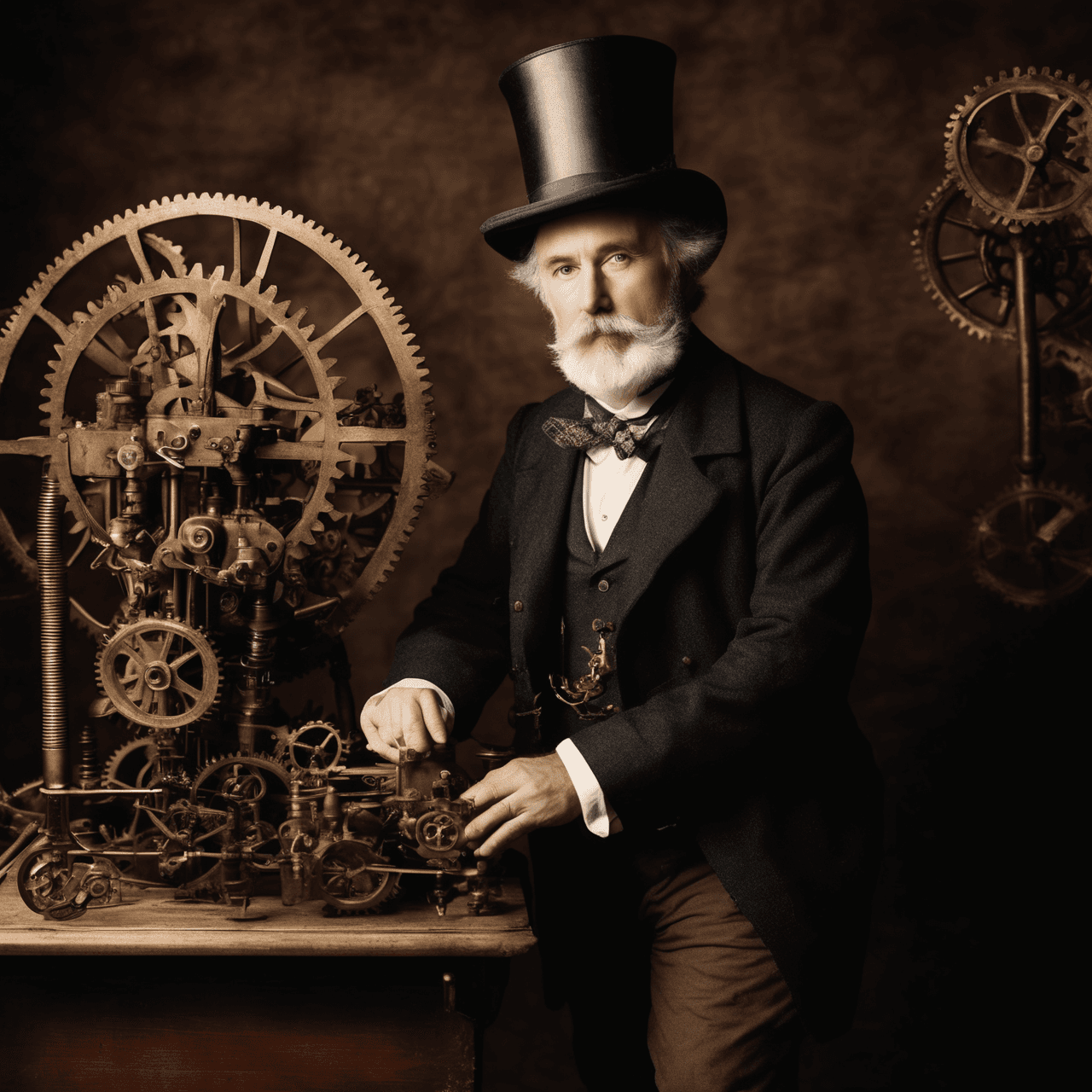 AI generated: A time-traveling Victorian inventor, aged 55, wearing a top hat and cravat, stands next to a whimsic...