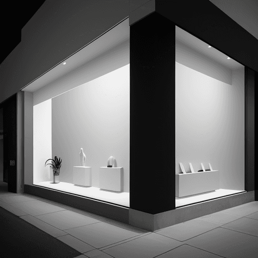 AI generated: minimalist store exterior, at dusk, the architecture should feature clean lines with a sophisticated...