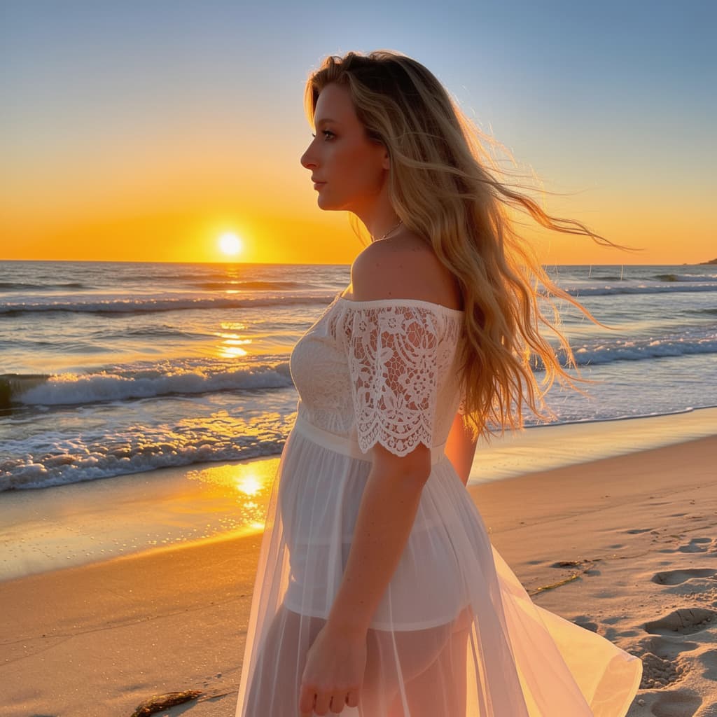 AI generated: This is a high-resolution, photographically realistic image of a Caucasian woman standing on a beach...