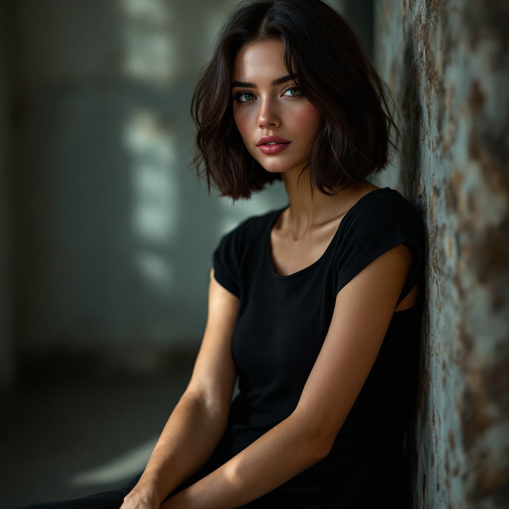 AI generated: Detailed and realistic portrait of beautiful modern female with dark brown bob length hair, wearing ...