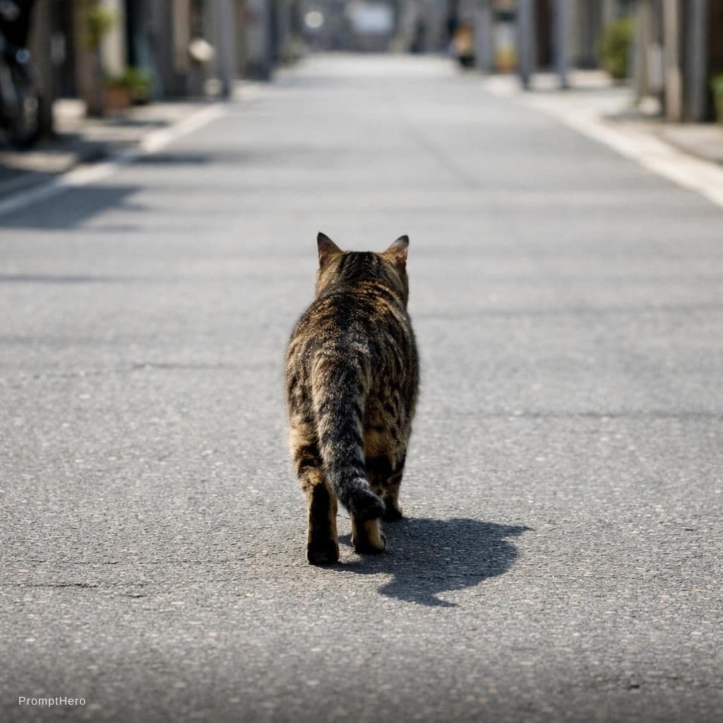 AI generated: A cat in a street photography shot on an empty street; not a close-up; we see only the cat, not the ...