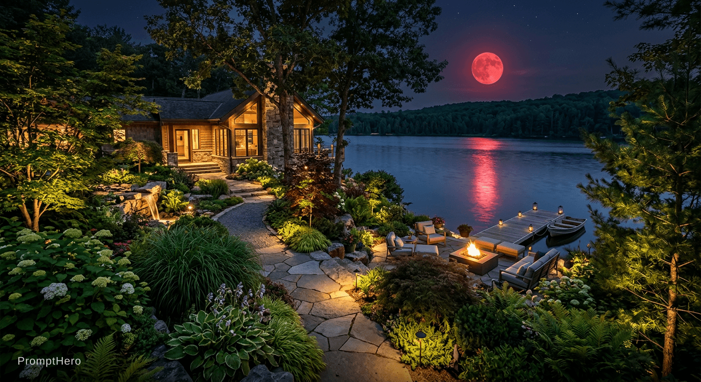 AI generated: night, red moon, lake