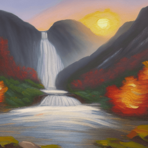 AI generated: An oil painting portraying a breathtaking waterfall nestled in a serene mountain landscape, The medi...