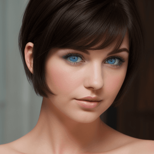 AI generated: Brunette woman with short hair and blue eyes. Big neckline.