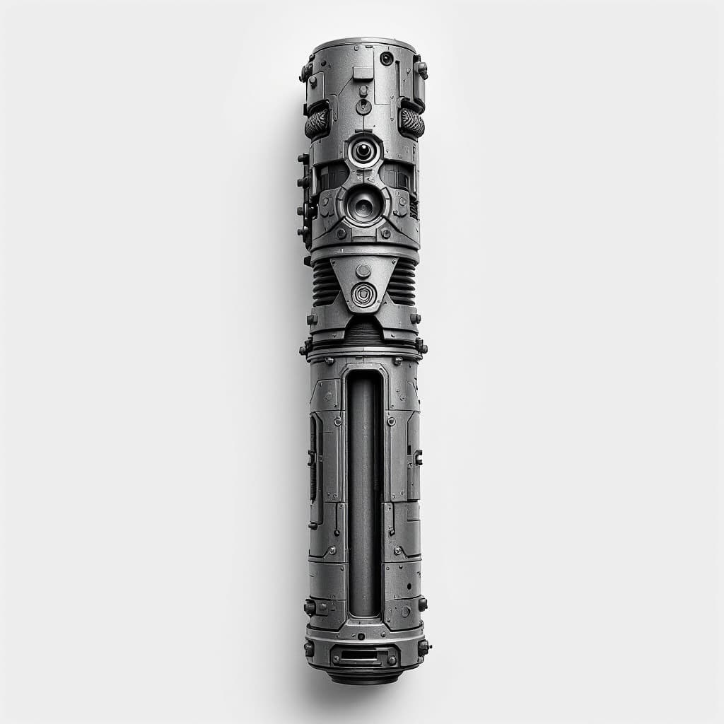 AI generated: a grey jedi lightsaber hilt for a scavenger who has pieced together their weapon from various parts.