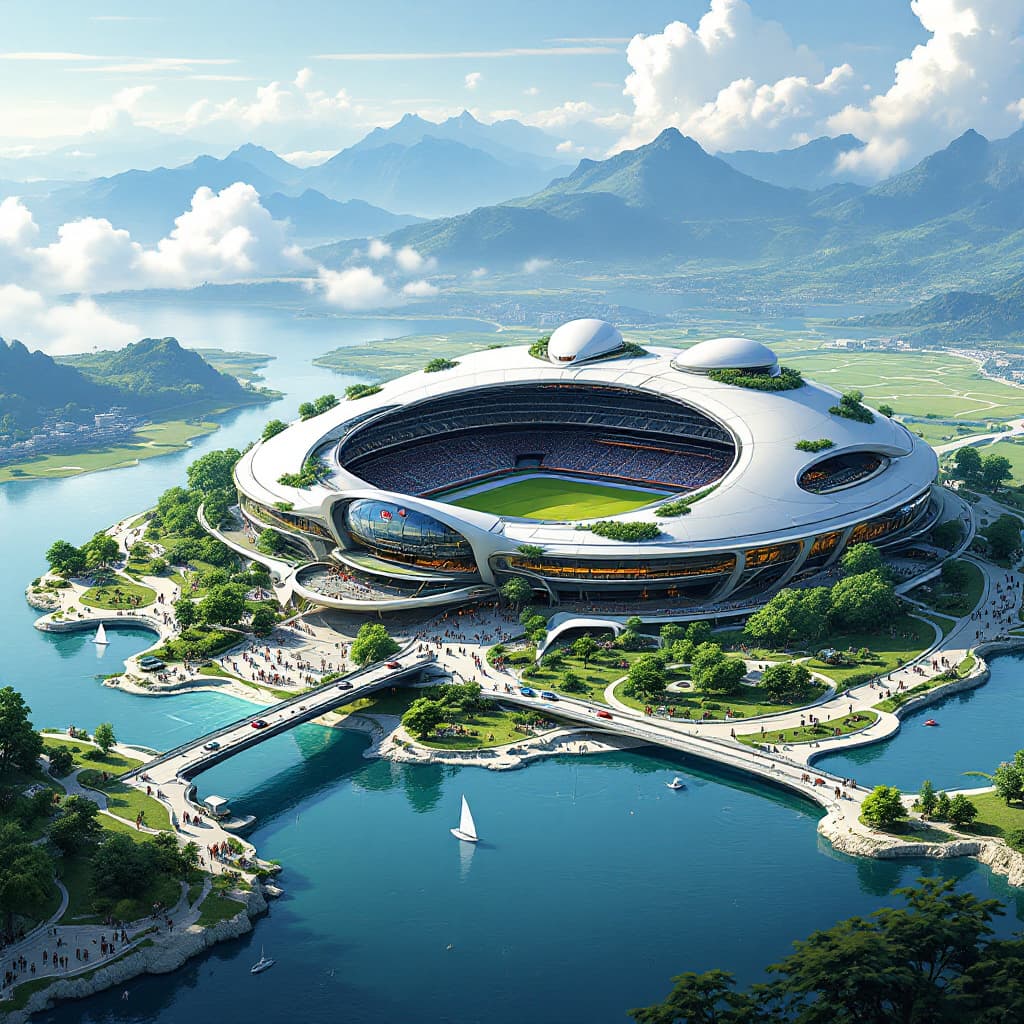 AI generated: A futuristic stadium in the style of Syd Mead and Katsuhiro Otomo, situated on an island surrounded ...