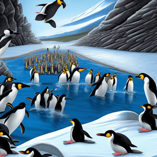 AI generated: the scene is in antarktika. A young blond man falls head first into a hole. A group of penguins run ...
