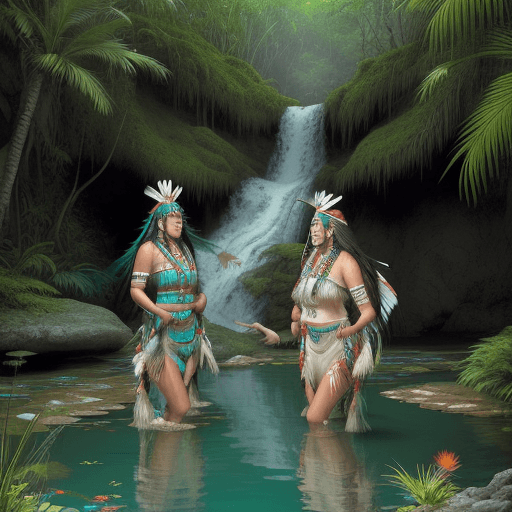 AI generated: Native American women in traditional, hand-beaded buckskin dresses and feathered headdresses, adorne...