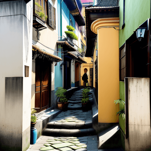 AI generated:  urban, houses only on columns, street level has no walls, nature, plants, big trees appearing on th...