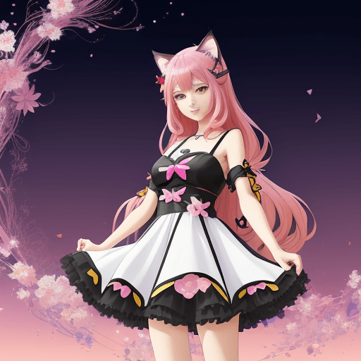 AI generated: a woman with a cat ears and a dress on is standing in front of a colorful background, anime style 4 ...