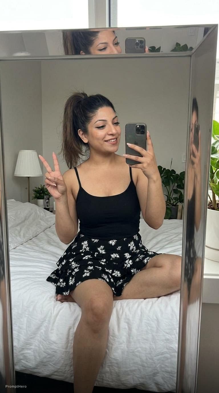 AI generated: Sitting on a bed taking a mirror selfie, doing hand peace sign, ponytail hairstyle, almost no makeup...