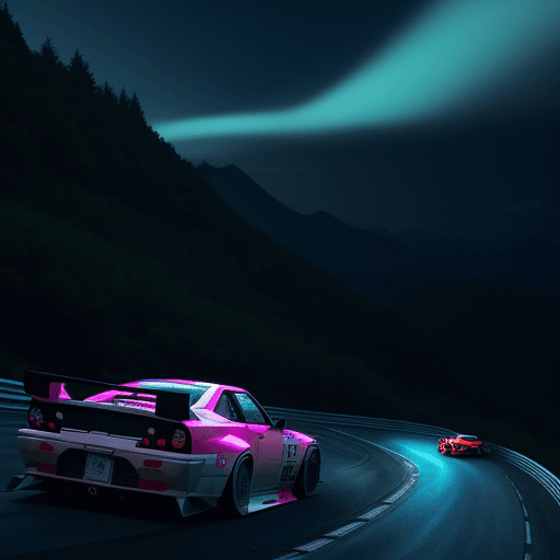 AI generated: Japanese drifting cars on a mountain road at night with spectators on the sides. Show dynamic drift ...