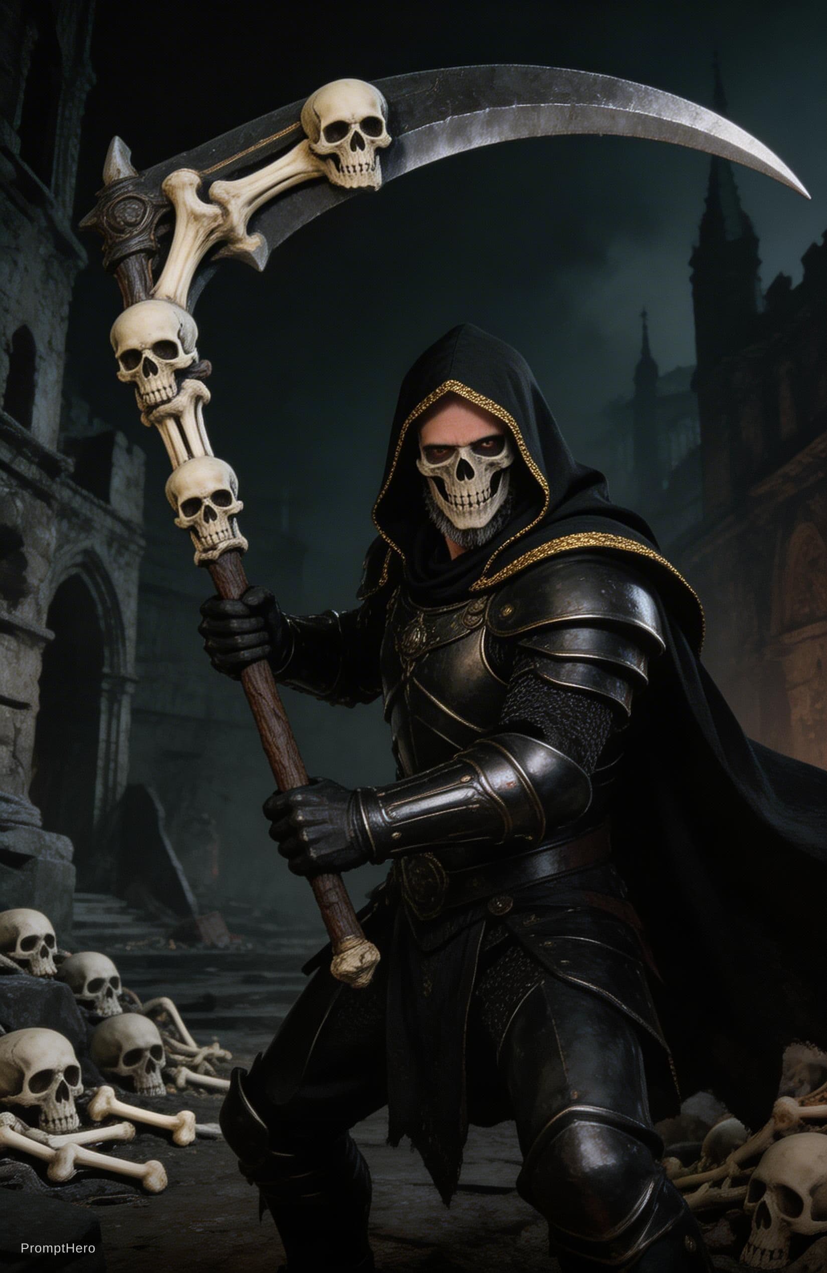 AI generated: painting in the style of a dark fantasy artist of the grim reaper fighting in full plate armor, swin...