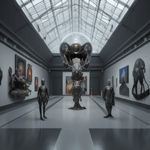AI generated:   A view inside a futuristic museum, showcasing strange, weird, and bizarre art, large 3D sculptures...