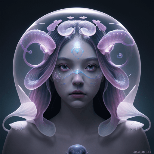 AI generated: Goddess close-up portrait ribcagel. jellyfish phoenix head, nautilus, orchid, skull, betta fish, bio...
