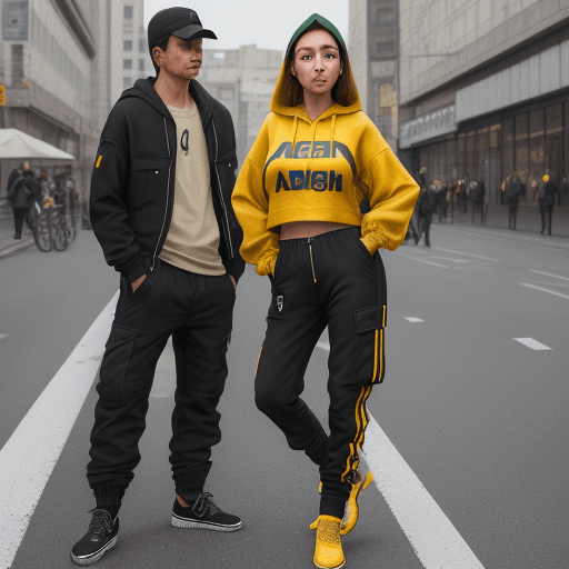 AI generated: Uzbekistan, photography, 28 woman and man, pro model, natural pose moment, wearing small text logo w...