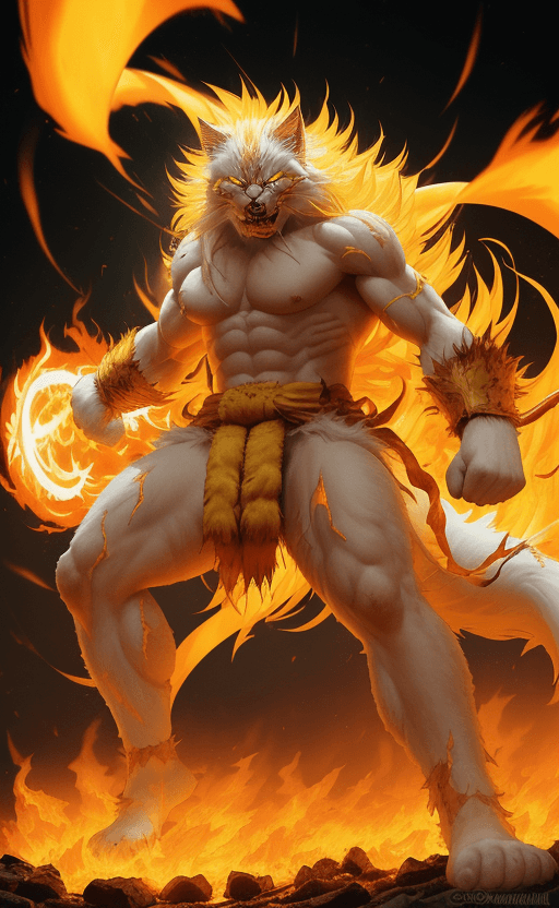 AI generated: Long fur stood up like the flames of a white cat warrior,a great aura glowed in a golden yellow colo...