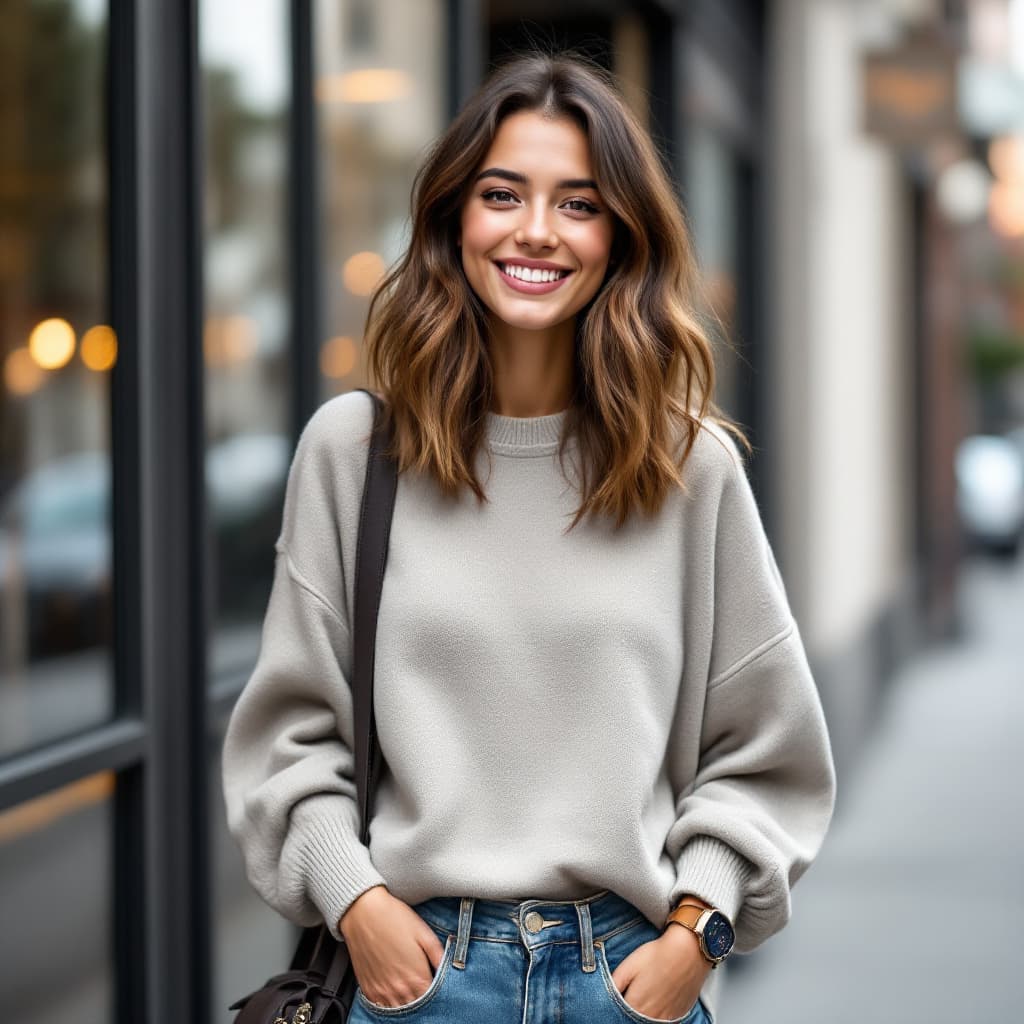 AI generated: A modern and beautiful young woman smiling in San Francisco exudes casual sophistication with should...