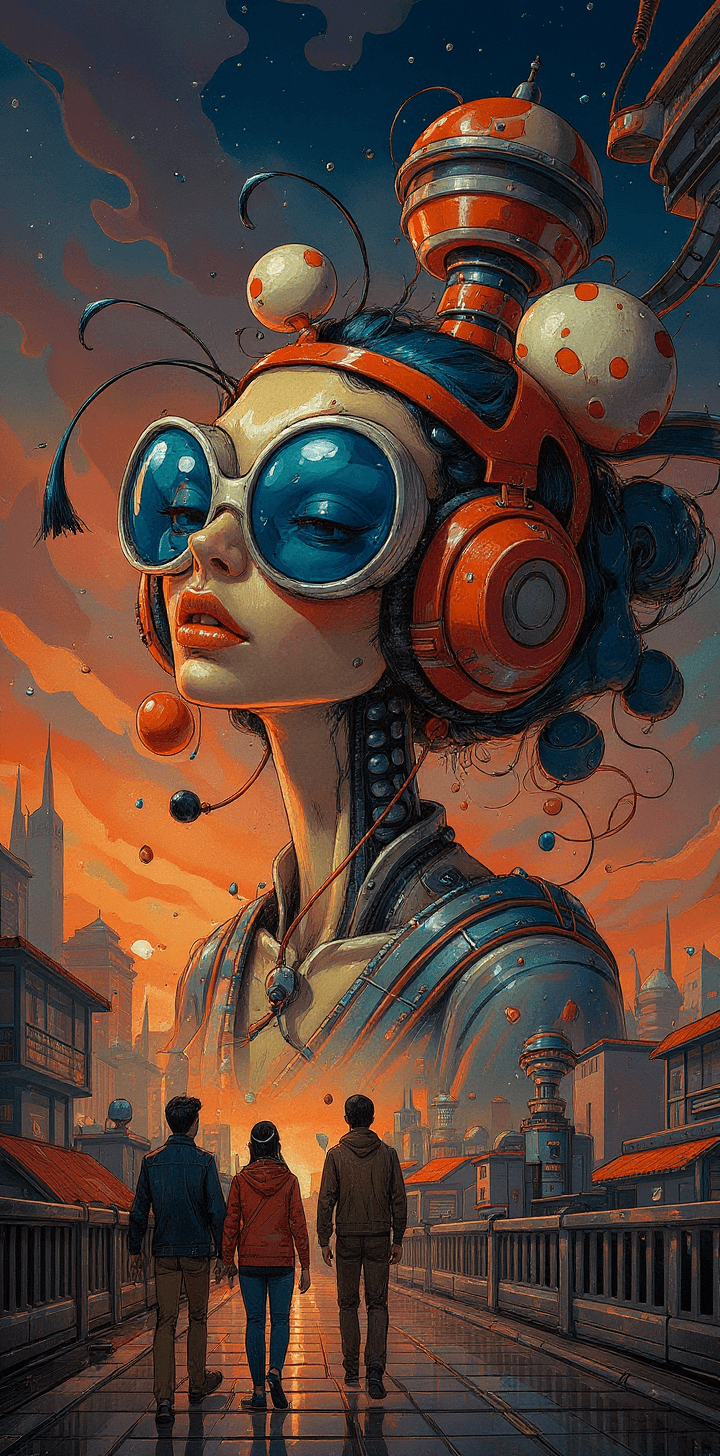 AI generated: People waiting on the dream city, with a futuristic-looking face, in the style of fantastical contra...