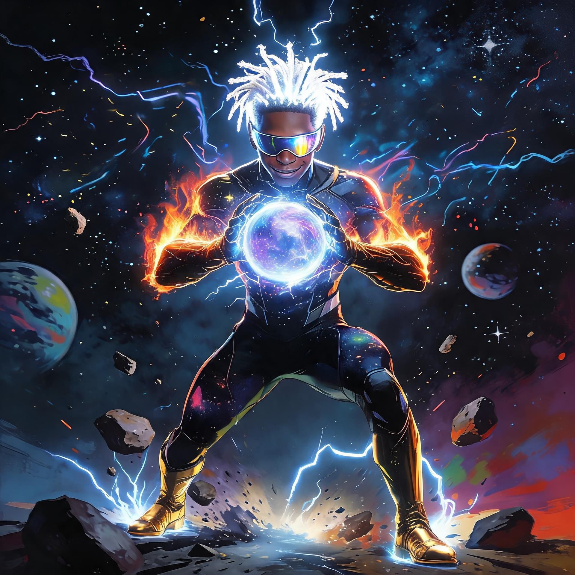 AI generated: full body view of an african american superhero standing in a bold battle ready stance,HE HAS white ...
