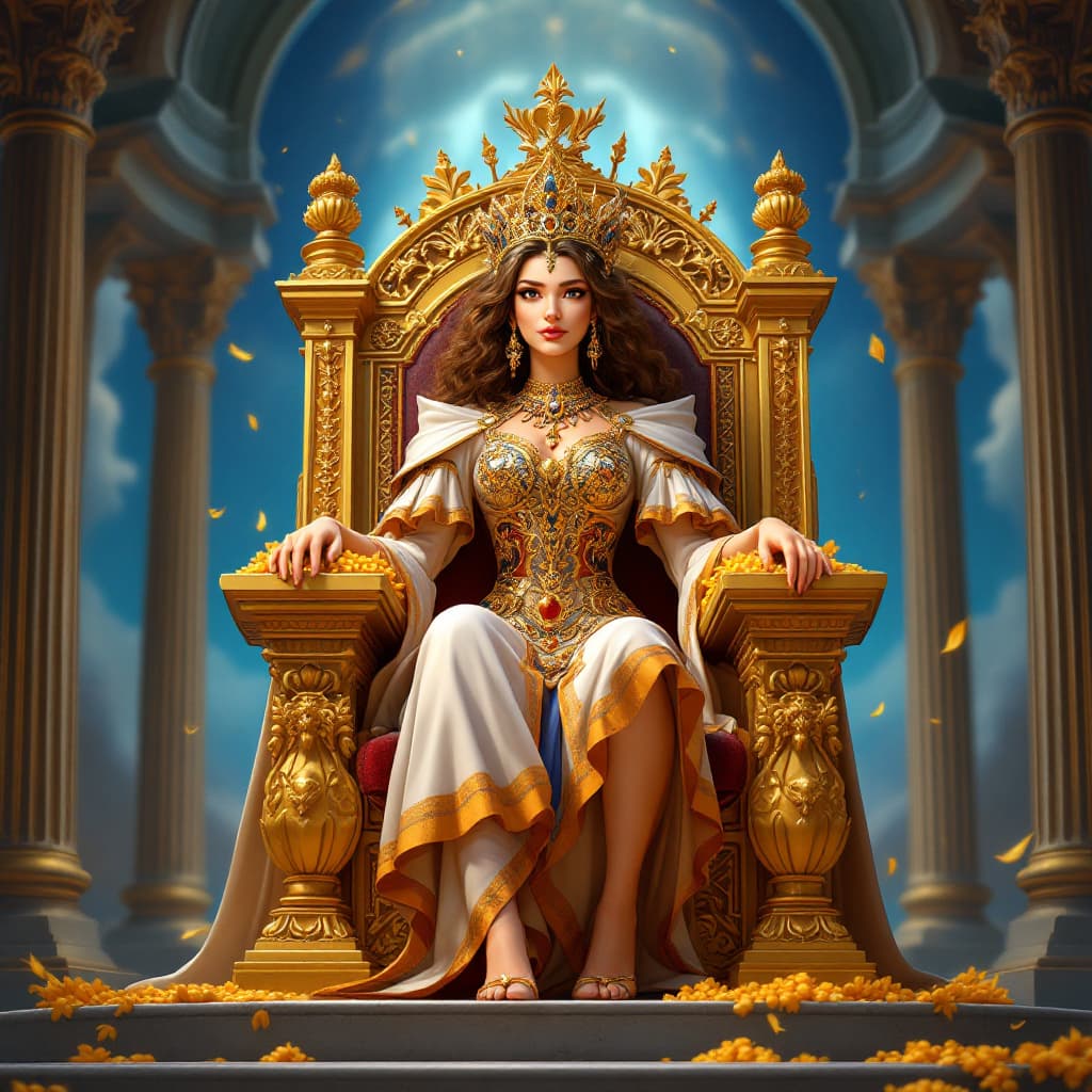 AI generated: "La Emperatriz del Tarot de Marsella, estilizada en animación, con un trono ornamentado, símbolos de...