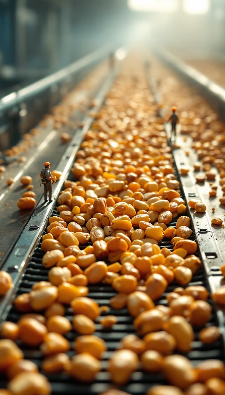 AI generated: Nuts tumble onto colossal conveyor belts, where high-tech laser scanners the size of skyscrapers det...