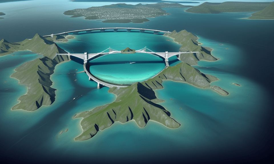 AI generated: island in the middle of the image, with many different bridges extending from the island to the main...