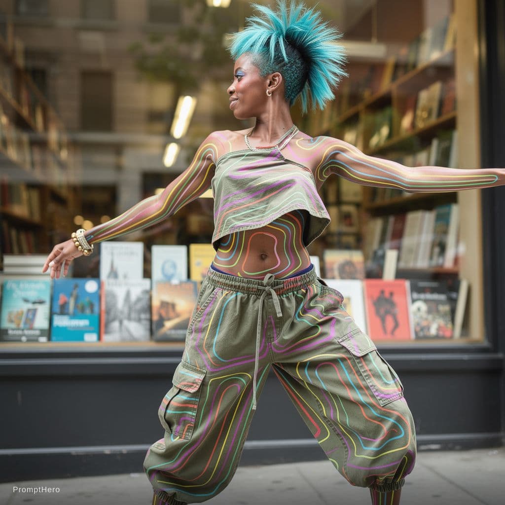 AI generated: Akan-Chokwe female playful dancer 24-year-old with short spiky cerulean hair, asymmetric crop top, c...