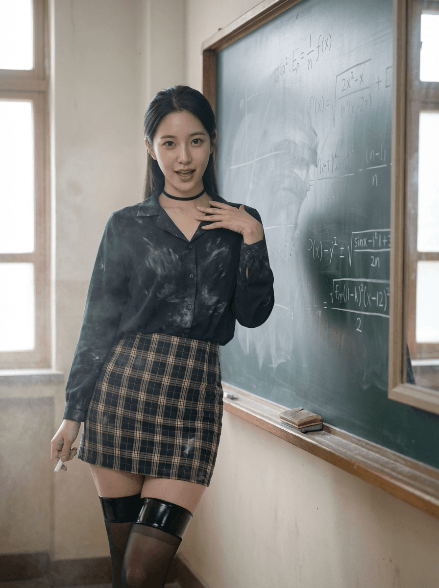 AI generated: Alluring math teacher by the blackboard", "appearance": "use 100% reference image provided, face, ha...