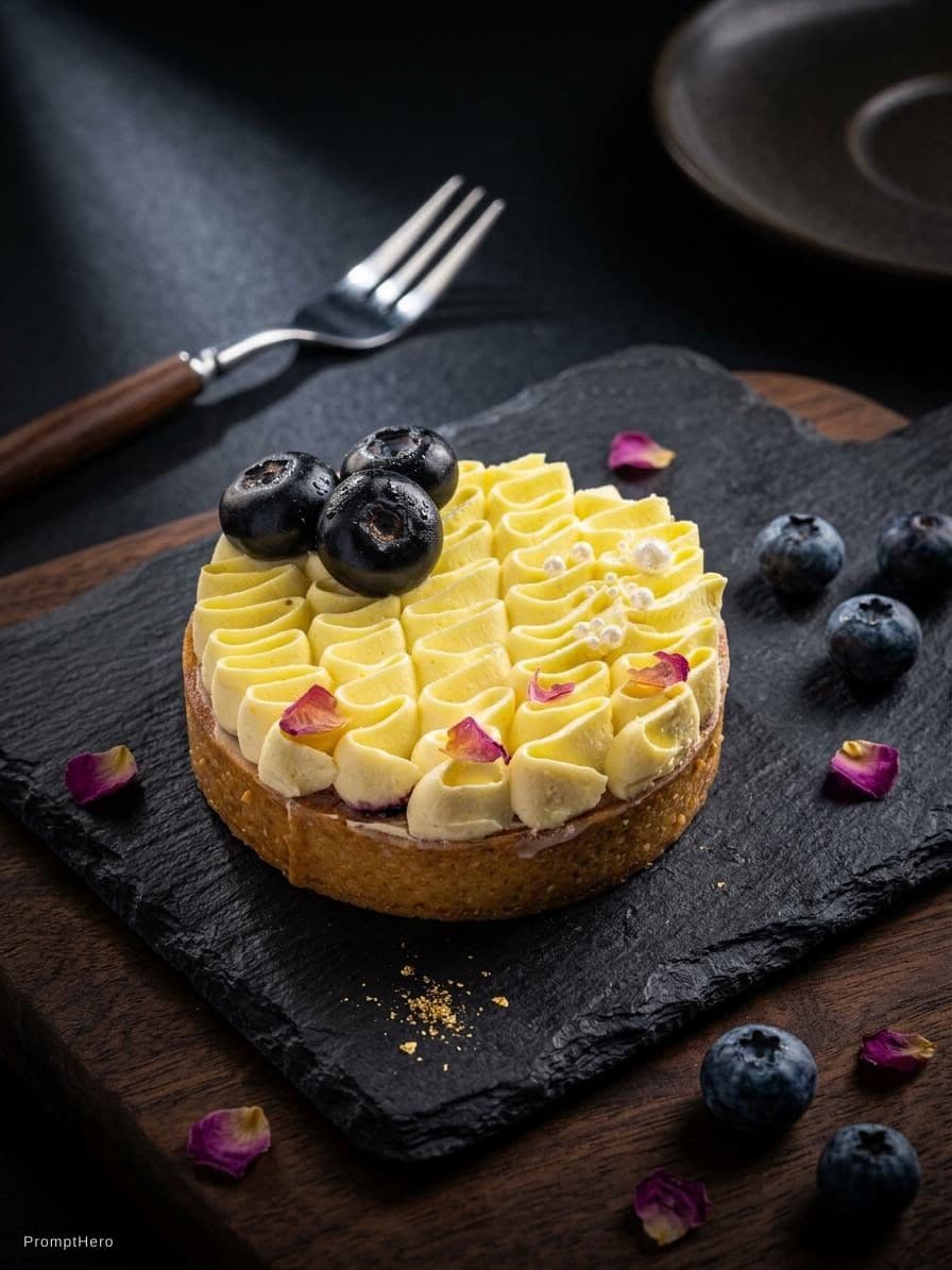 AI generated: Luxury dessert plated on a dark backdrop, glossy textures, precise details, dramatic spotlight, high...