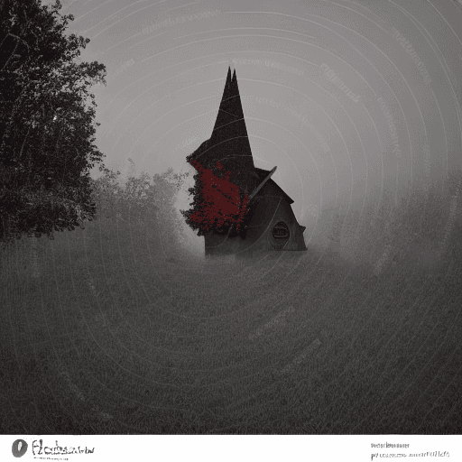 AI generated: Dark church, foggy cloud, full moon, grave, red sky 