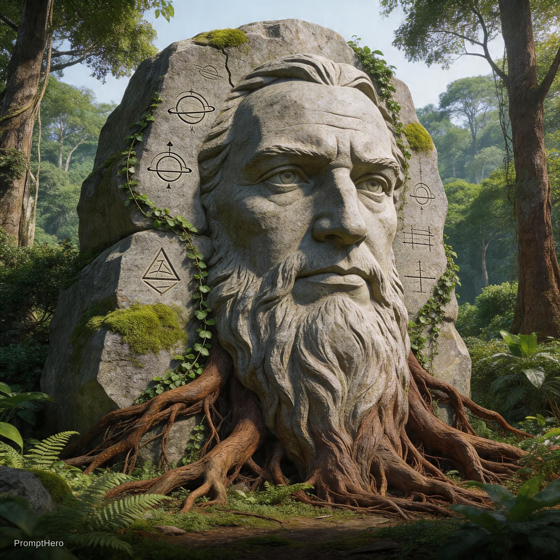 AI generated: A highly detailed, vertical cinematic image showing a massive monolithic stone carving of Isaac Newt...