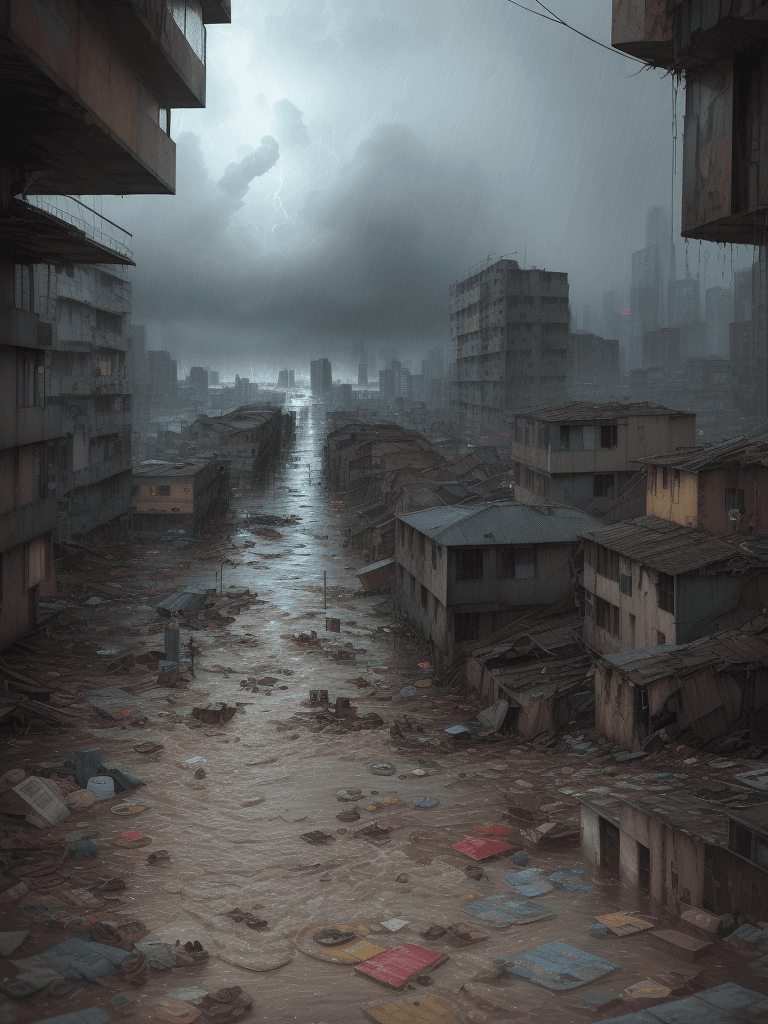 AI generated: A heavy storm and flooding of a slum corner,flood,
rain,typhon,
litter,intricate detail,masterpiece,...