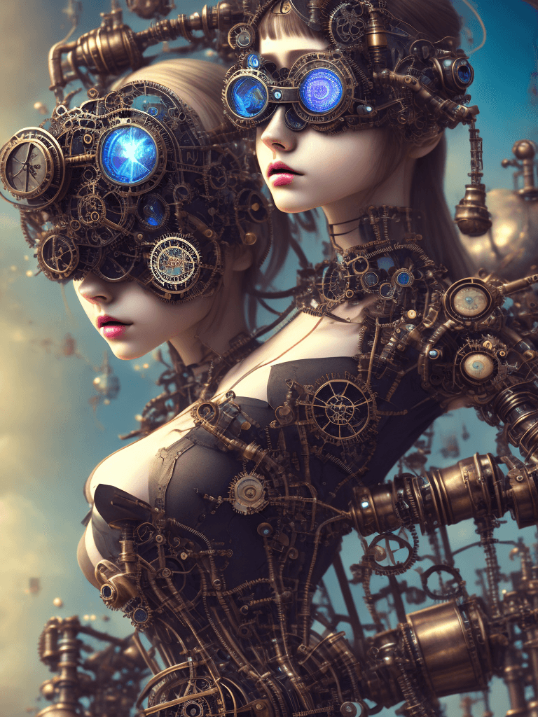 AI generated: (Steampunk vibe, Mechamuse aesthetic girl decorated with complex cyber goggles) Digital art, fractal...