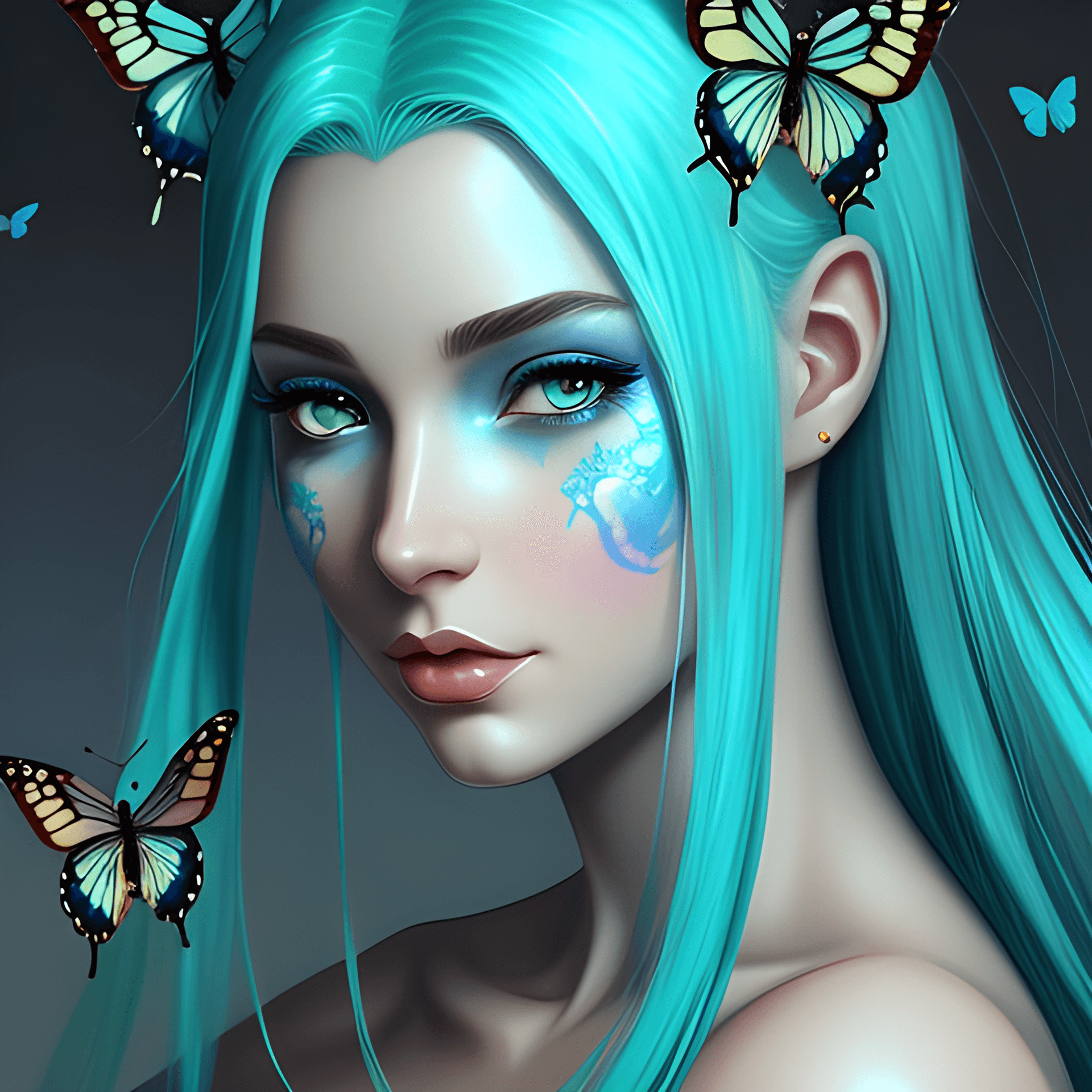AI generated: a woman with blue hair and butterflies on her head, fantasy art style, gorgeous digital art, realist...