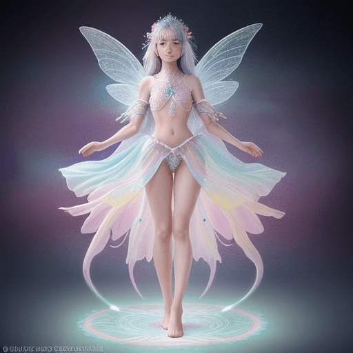 AI generated: Full body, Small highly detailed incorporeal fairy made of silvery light, Bokeh pollen specs multico...