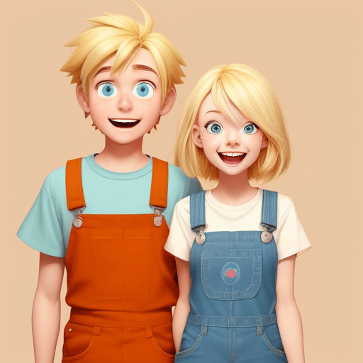 AI generated: Cartoon boy and girl in a Pixar style, The girl should have neck-length blonde hair, and the overall...