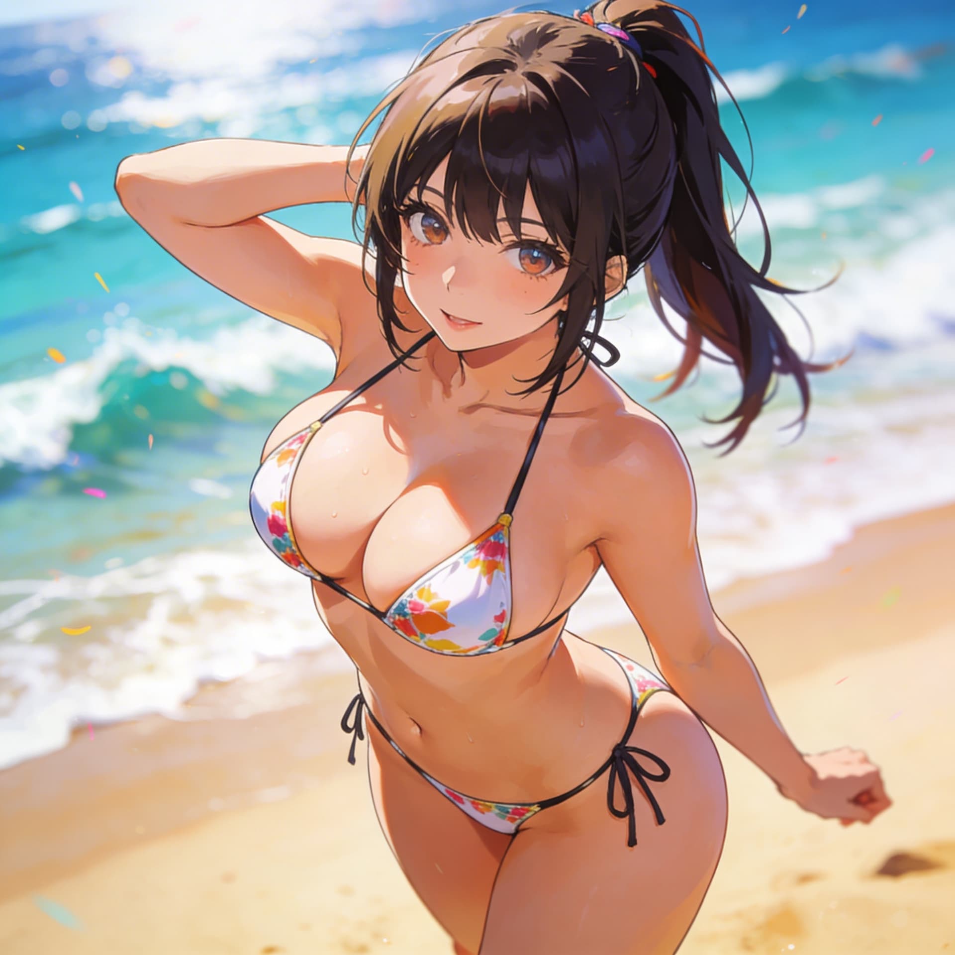 AI generated: an anime girl with huge chest and hips like exploding wearing a tiny bikiny in the beach