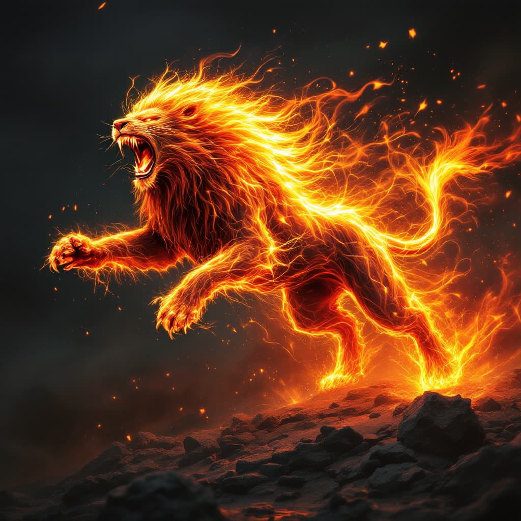 AI generated: A roaring lion made of swirling fire and determination, leaping forward through barriers of shattere...