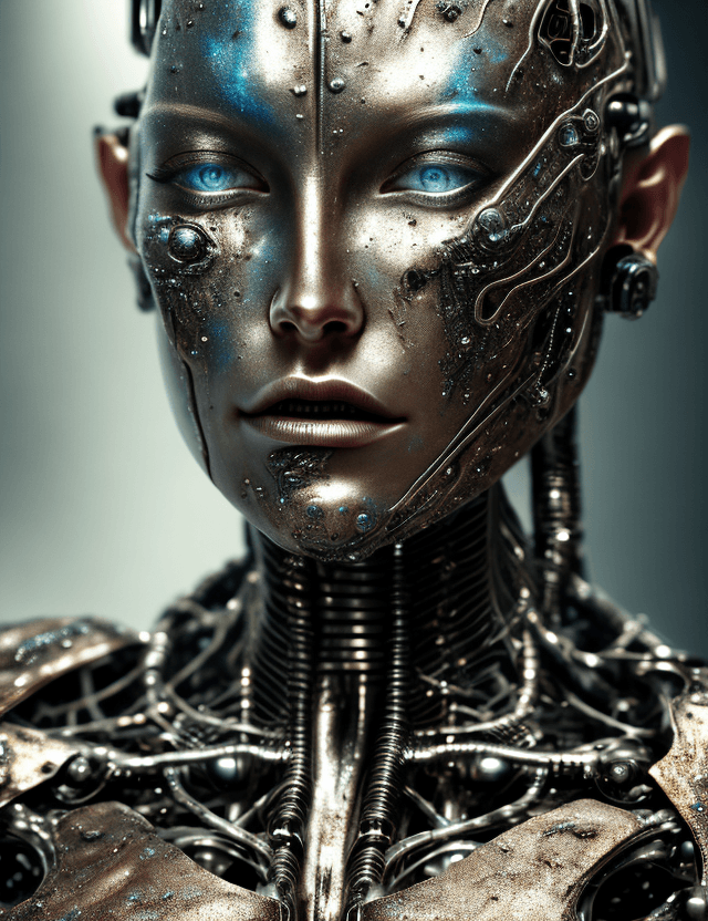 AI generated: Cyborg, front view, metallic skin, melting into the patinated background, brilliant modern abstract ...