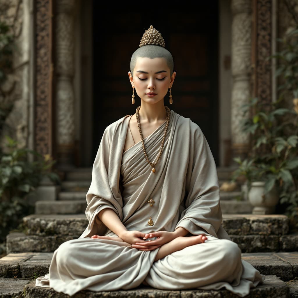 AI generated: Hyper realistic eye level exterior photo of a bhuddist female monk meditating