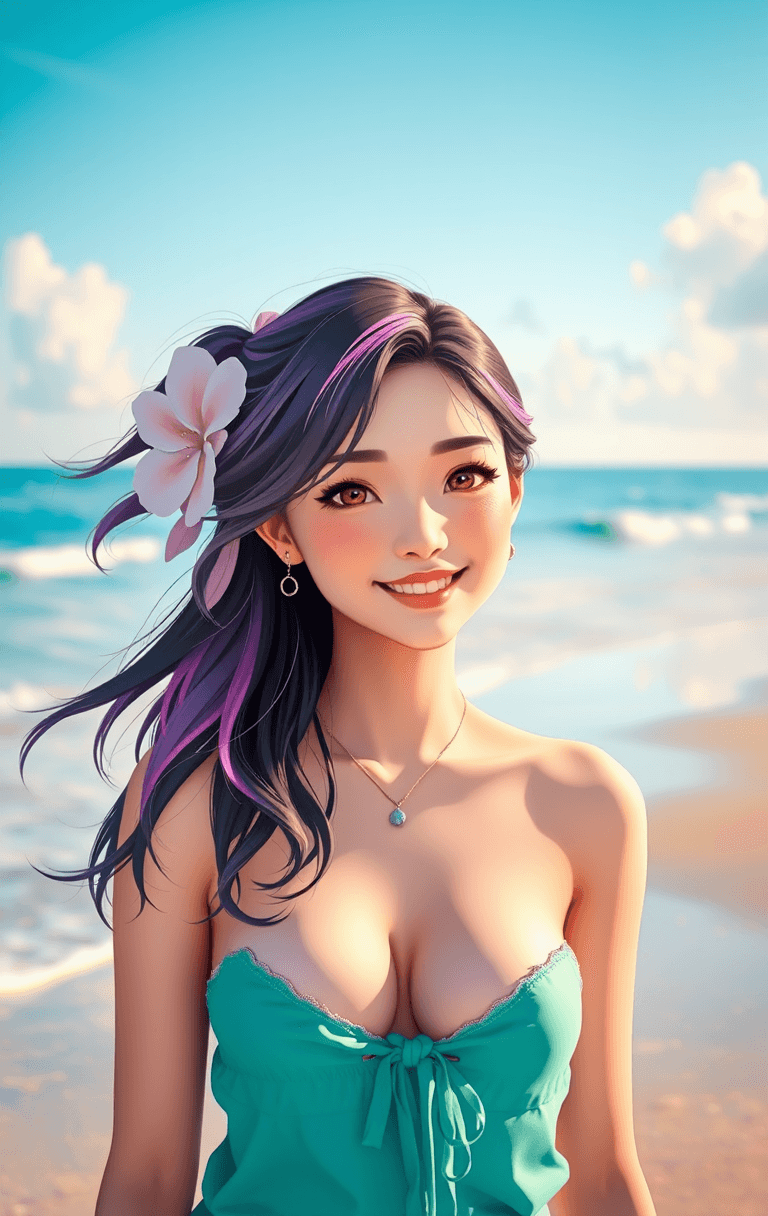 AI generated: A captivating anime-inspired cinematic photo of a radiant young Asian woman with pastel pink and pur...