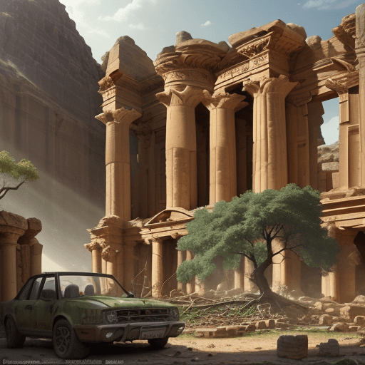 AI generated: oak tree growing in the ruins of an ancient city of petra, scrap cars, ancient greek ruins, rubble, ...