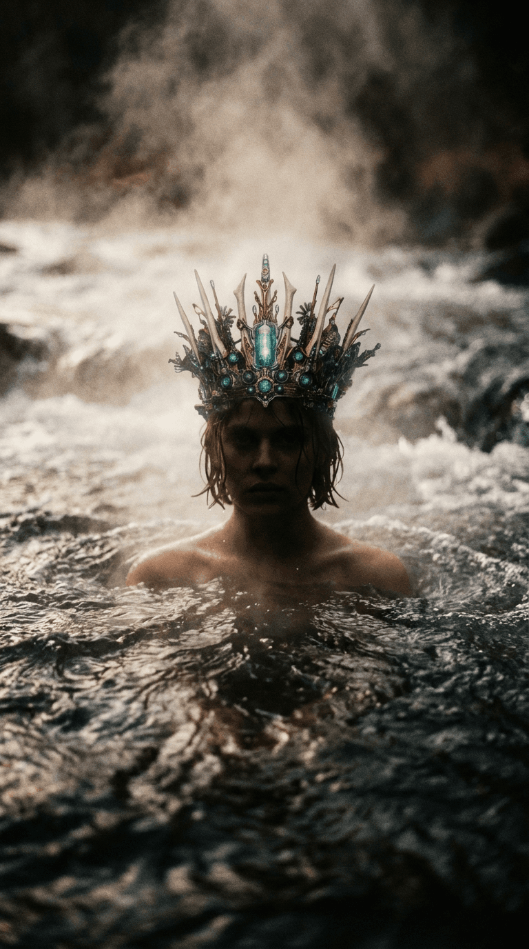 AI generated: A hot spring in a turbulent river, steam rising above the water, a young Natasha Kinski with short w...
