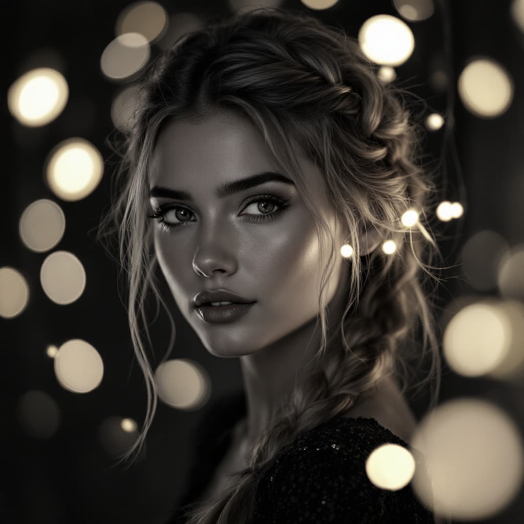 AI generated: black and white photography, a natural average looking blonde woman in french braid, surrounded by e...